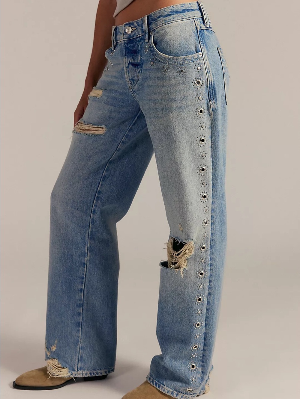 NWT FREE PEOPLE WE THE FREE Tennessee Low-Rise Boyfriend Studded Jeans | Destroy